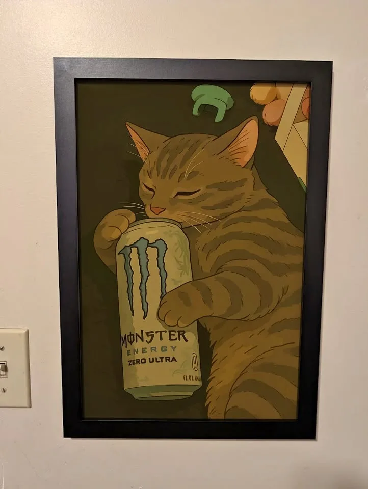 Cat drinking Monster - Funny framed poster 12 x 18 inches