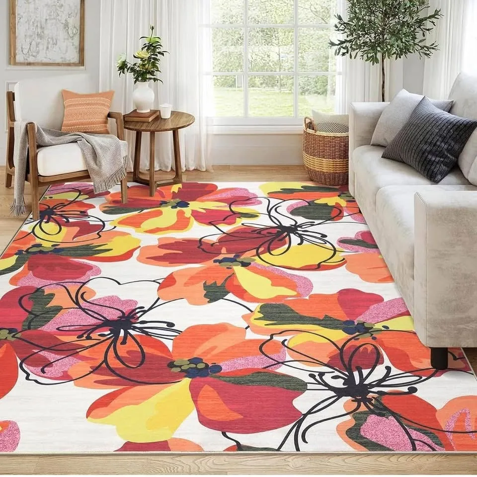 Modern Bright Floral Non-Slip Washable Area Rugs 5x7 image indicator(4)