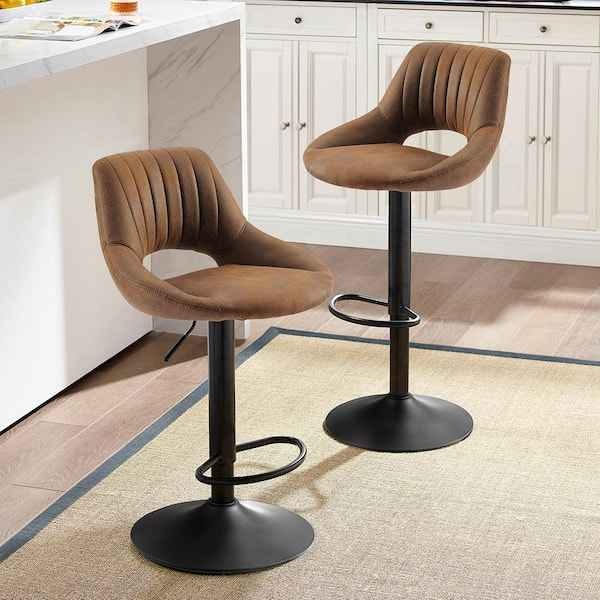 Brown Faux Leather Swivel Adjustable Height Bar Stools - photo 2