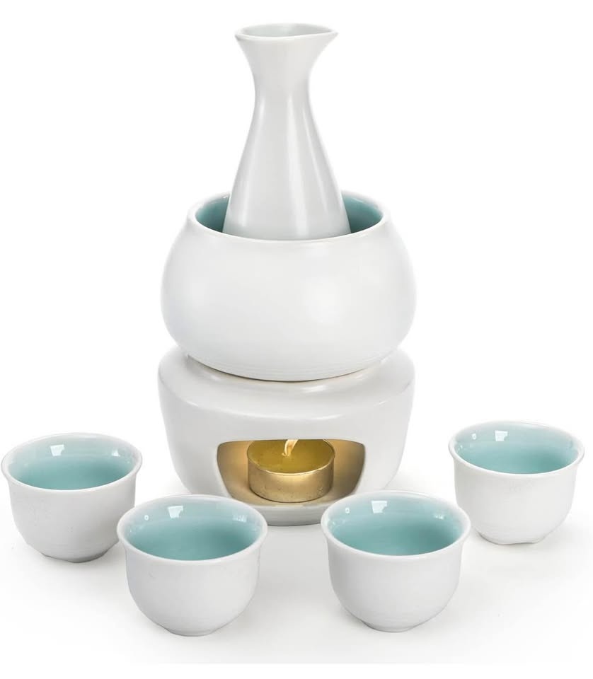 White Ceramic Sake Set with Warmer Pot, Gift Set - photo 2