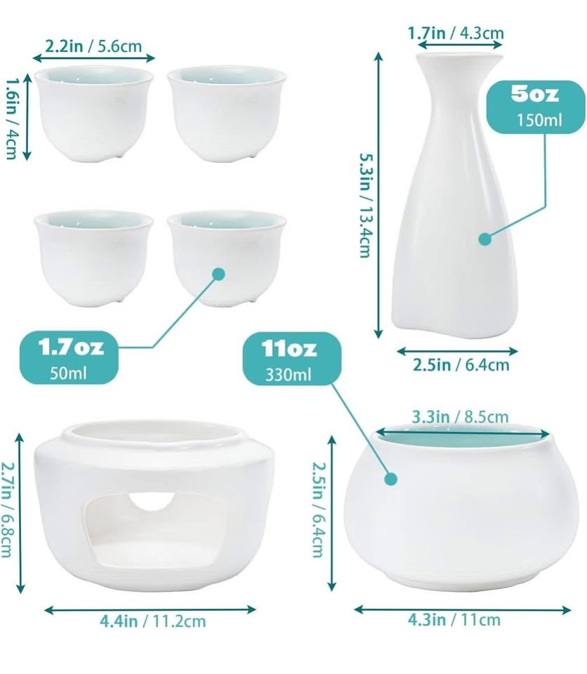 White Ceramic Sake Set with Warmer Pot, Gift Set - photo 3