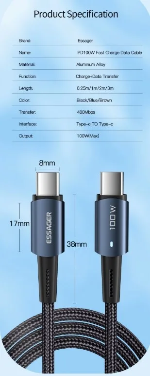 Essager Type C to C 100W Fast Charge Cable image indicator(3)