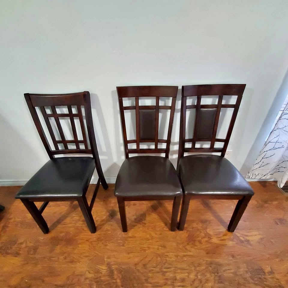 Set of 3 Brown Dining Chairs – Solid Wood Frame