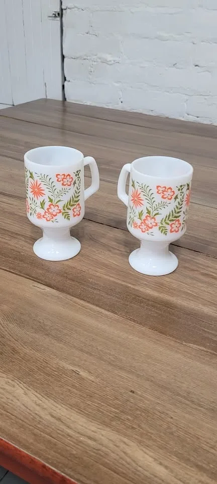 1970's Milk Glass Orange Daisies Coffee Mugs