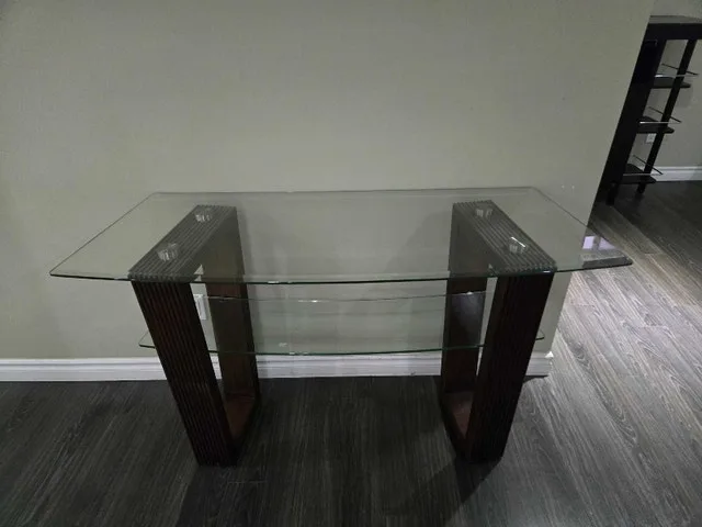 Modern Glass Console Table w/ Dark Brown Wood Frame