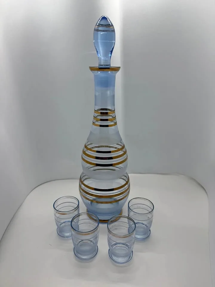 Czech Glass Bar Vintage Decanter and Glasses Set Light Blue