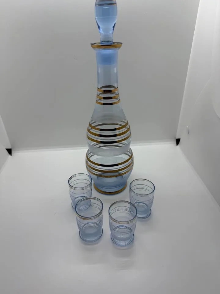 Czech Glass Bar Vintage Decanter and Glasses Set Light Blue image indicator(2)