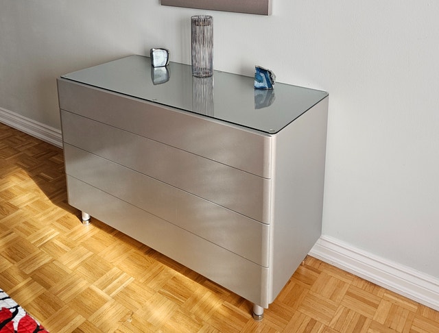 Gray/silver dresser with glass top by Dupen, Spain