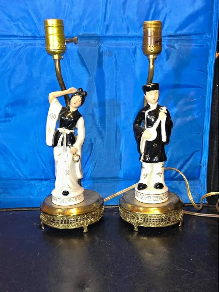 Pair of Vintage Ceramic Asian Figure Lamps