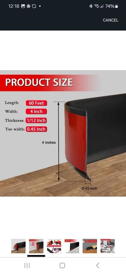 Vinyl Wall Base Baseboard Molding Trim 4"- 60 feet, black image indicator(2)