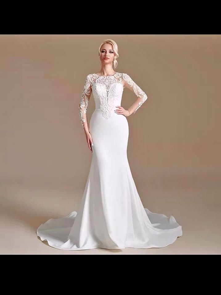 Stretchy Spandex Wedding Dress with Lace Appliques Beaded size 1