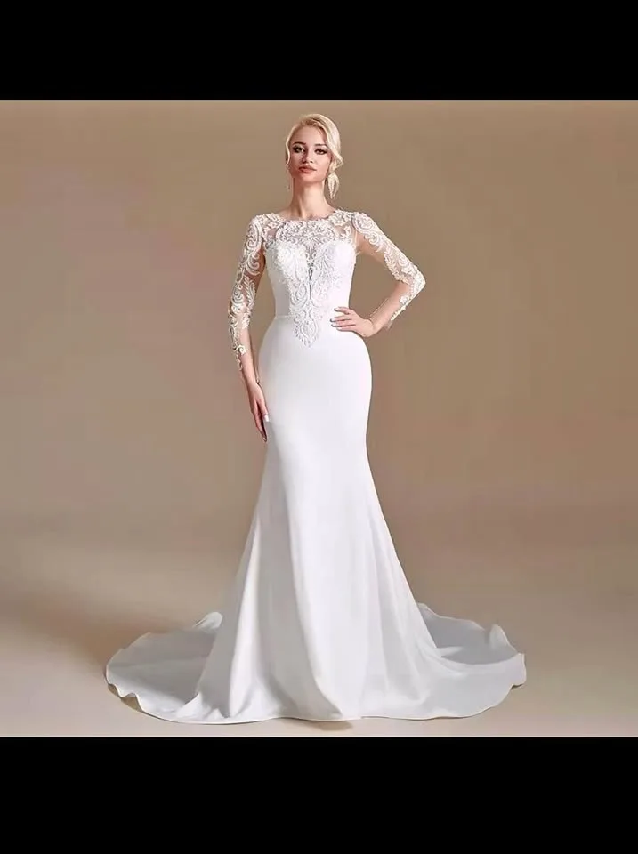 Stretchy Spandex Wedding Dress with Lace Appliques Beaded size 1