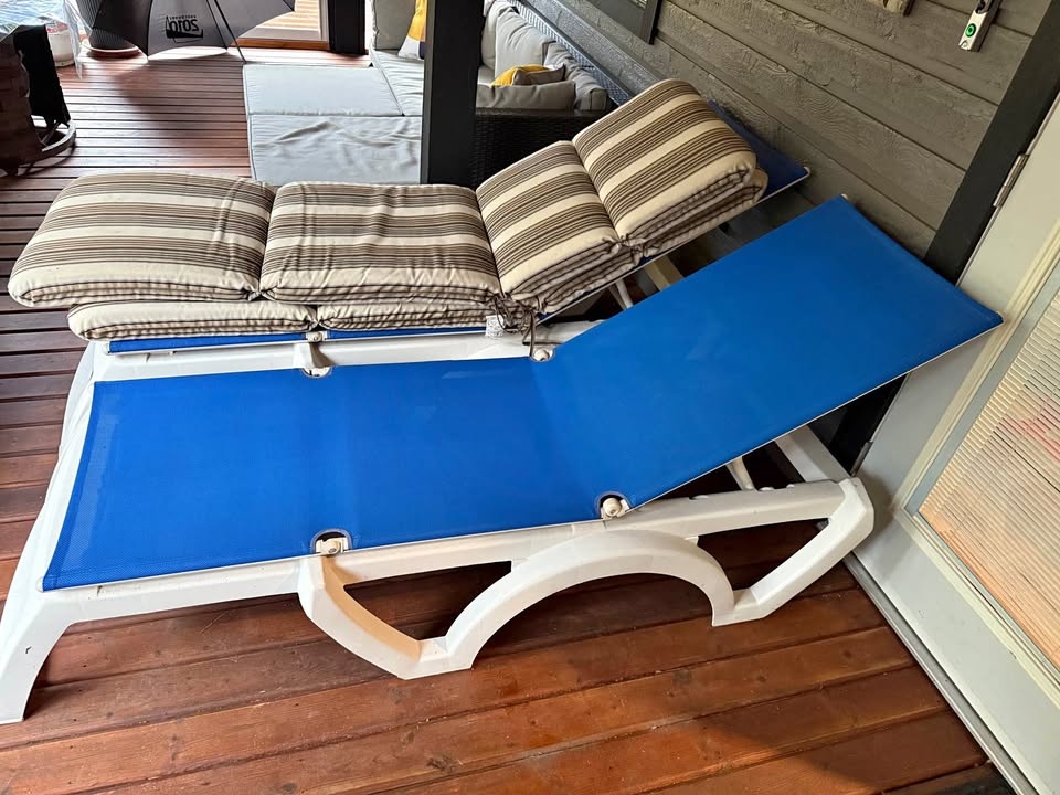 Two heavy duty plastic outdoor loungers with cushions.