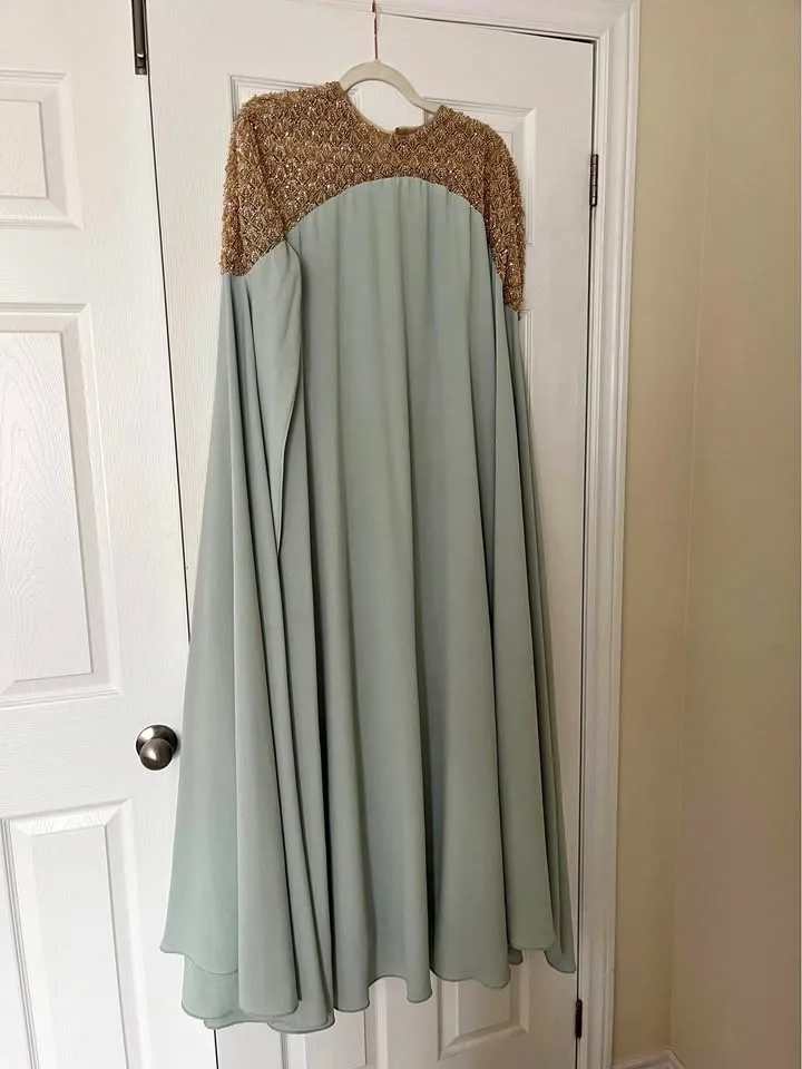 Mint Green Long Sleeve Kaftan Dress With Heavy Beaded Embellishm