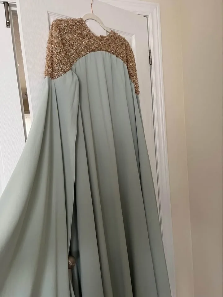Mint Green Long Sleeve Kaftan Dress With Heavy Beaded Embellishm image indicator(2)