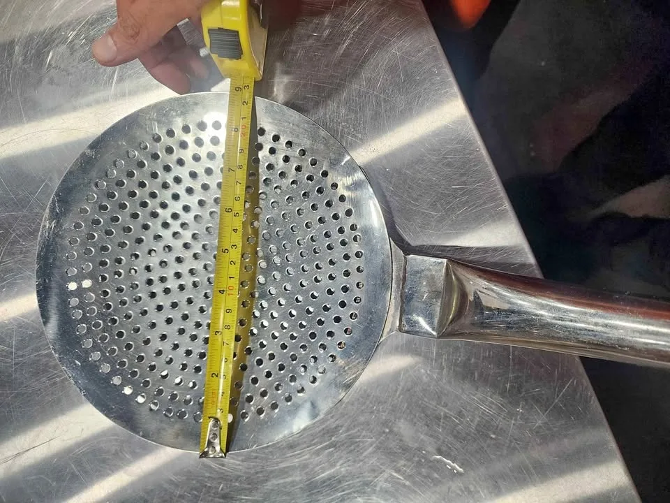 Stainless steel skimmer (jhara) with wooden handle