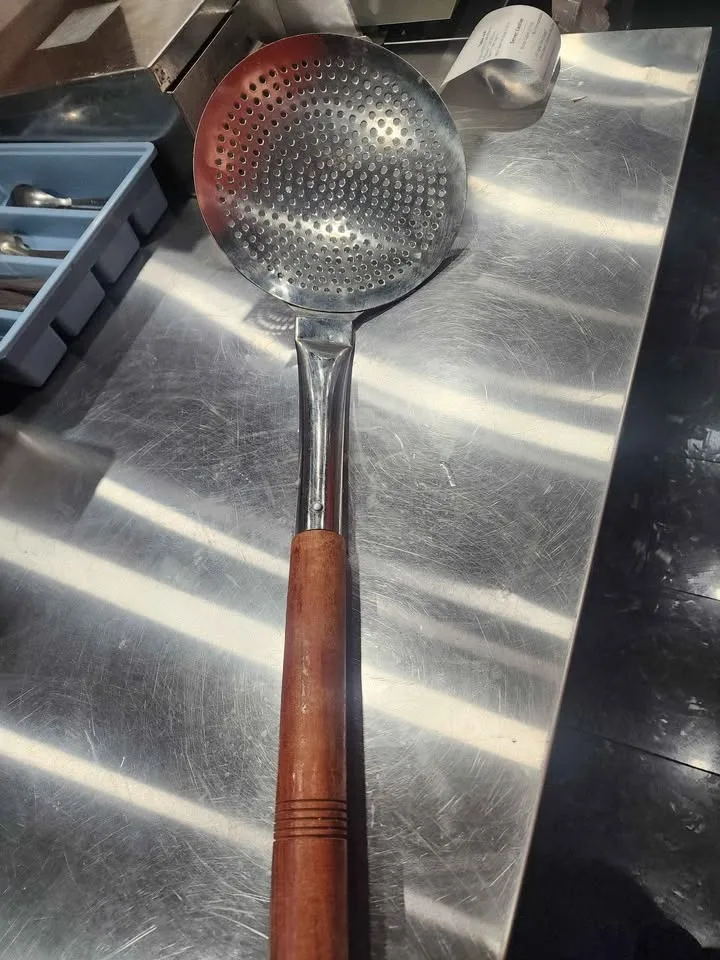 Stainless steel skimmer (jhara) with wooden handle image indicator(5)