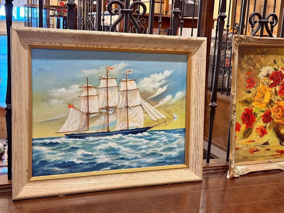 Vintage Maritime Oil Painting – Tall Sailing Ship at Sea