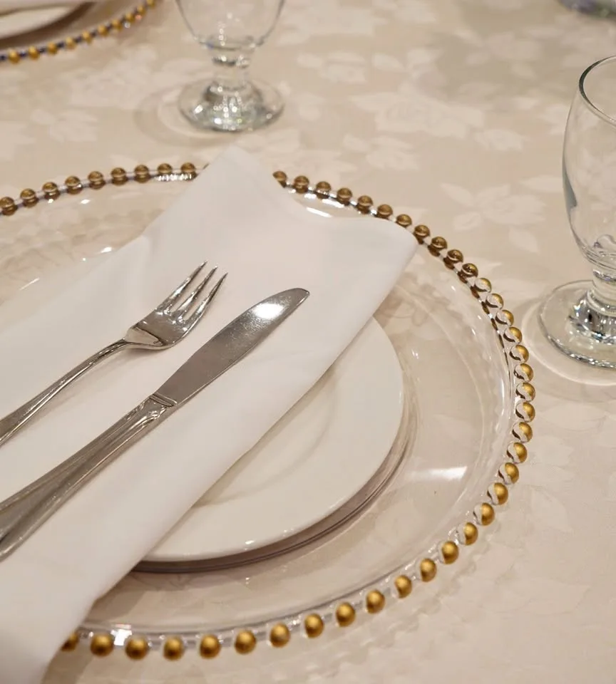 Beaded gold charger plates Rental