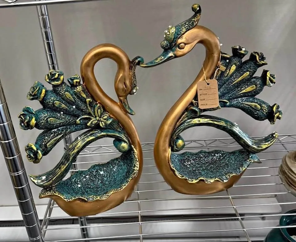 Pair of Green and Gold Swans