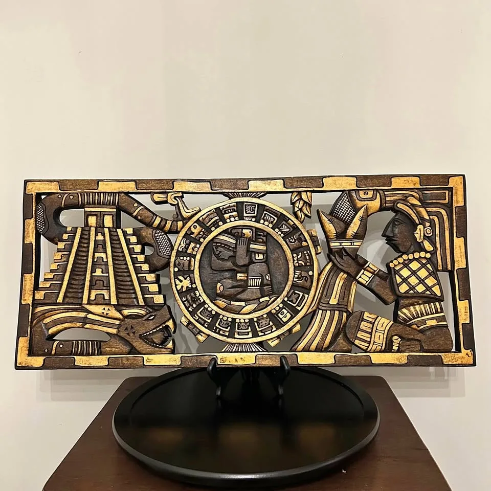 Aztec Mayan Calendar Relief - Hand-Carved Wooden Wall Art
