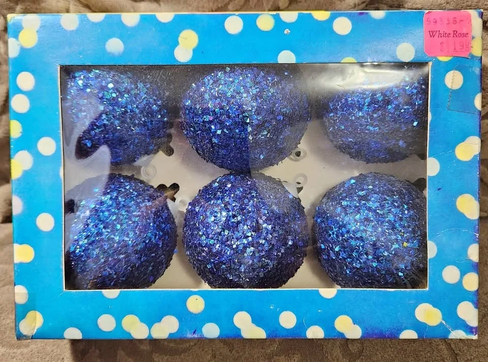 6 vintage glittered blue Christmas balls in original box