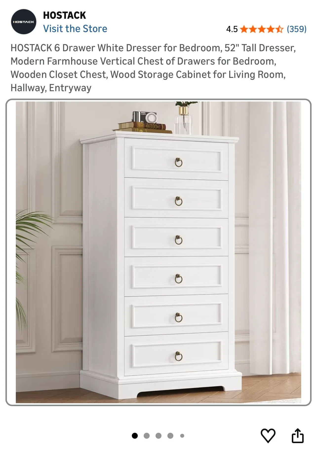 HOSTACK 6-Drawer White Tall Dresser – 52” Modern Farmhouse Stora