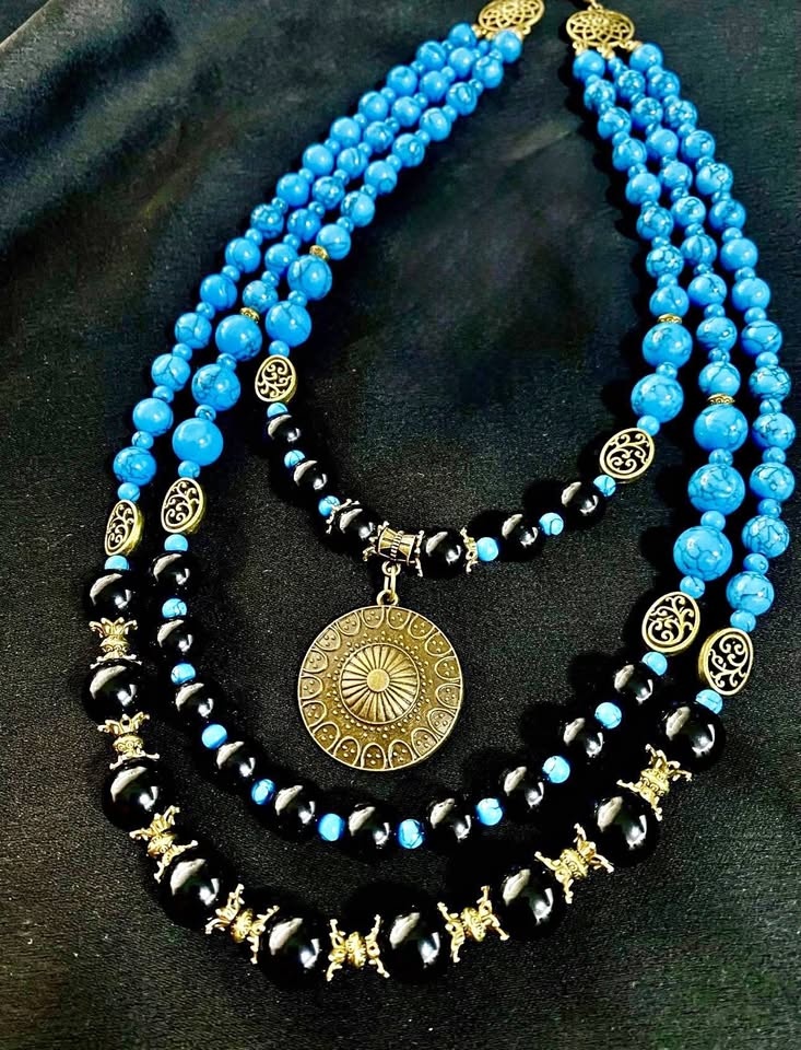 Ukrainian-style jewelry — earrings and double necklace