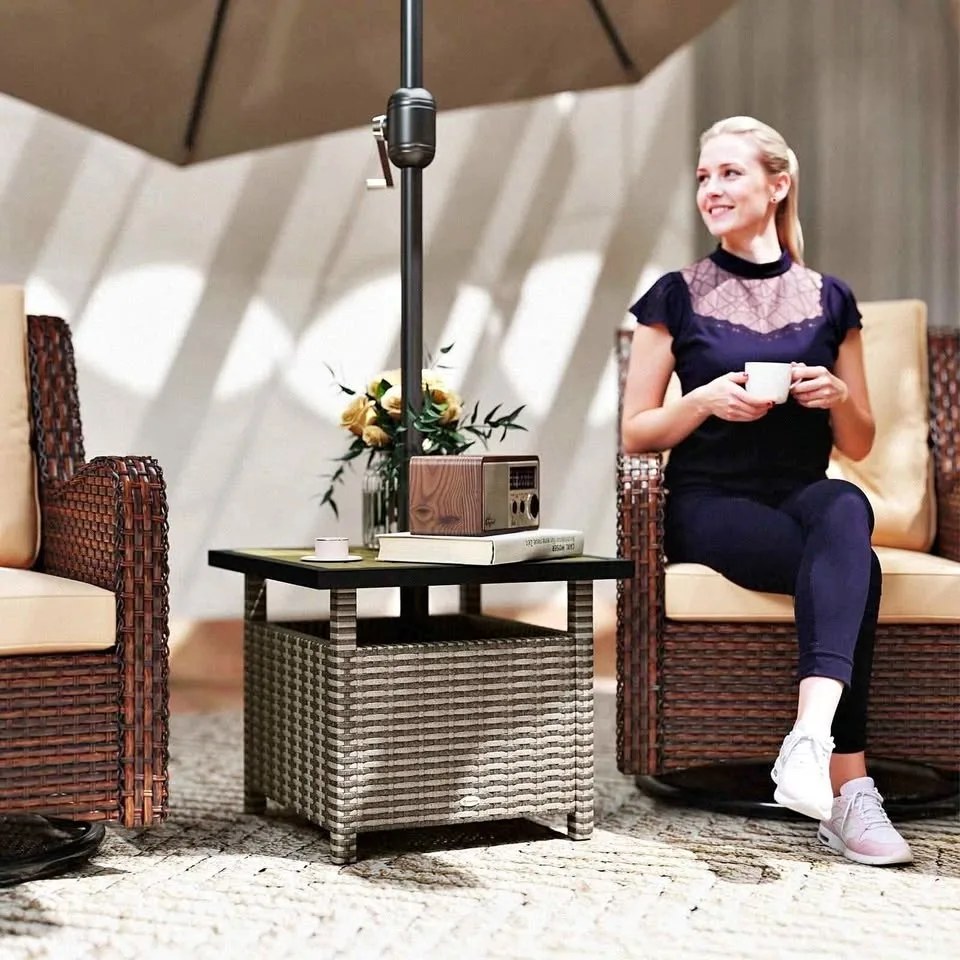 Outsunny Rattan Coffee Table with Umbrella Hole