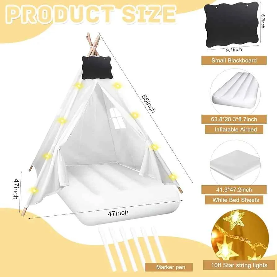 3 Pcs Kids Teepee Tent Bulk with Light String Airbed Set image indicator(4)