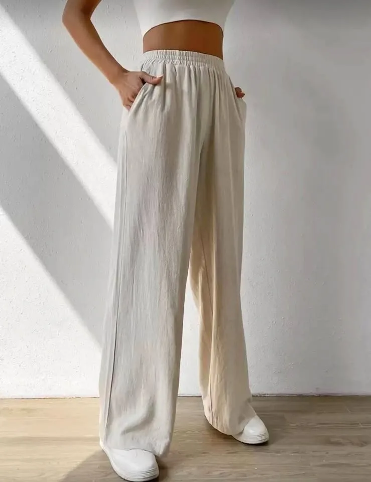 SHEIN EZwear Solid Slant Pocket Linen Wide Leg Pants
