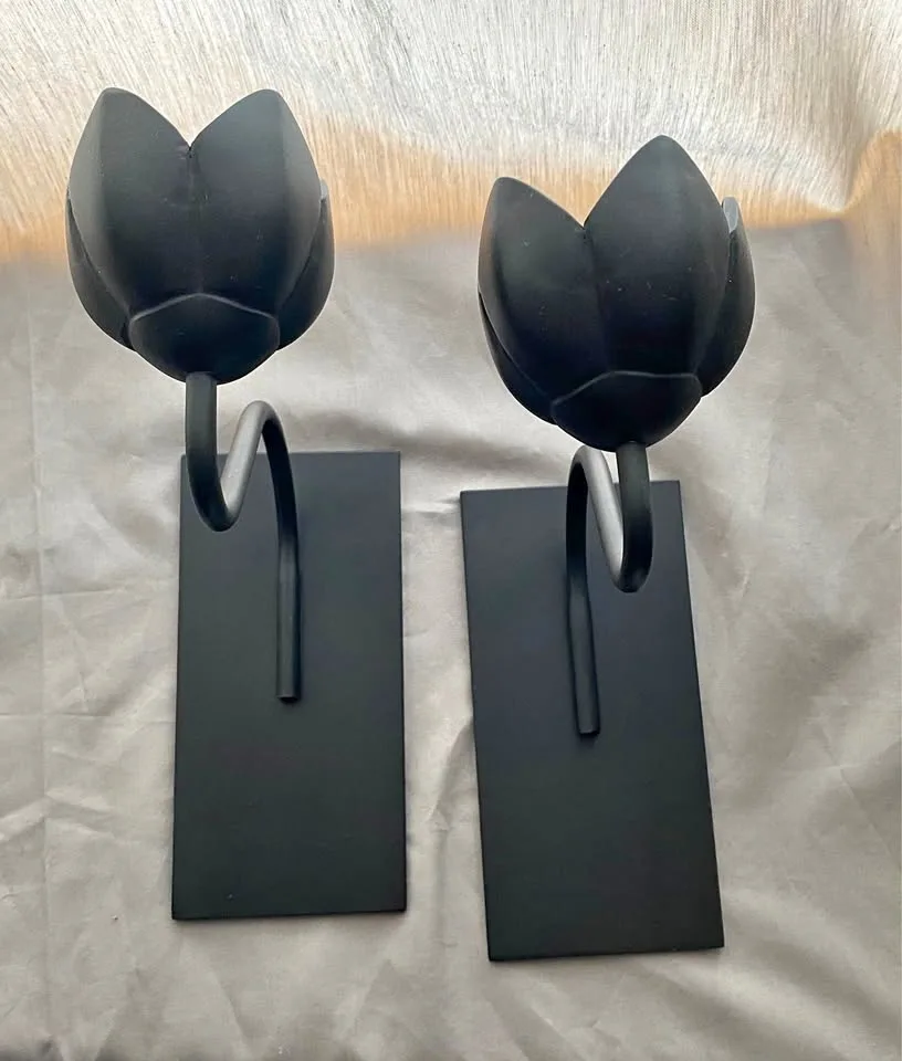 Set of 2 Ikea BAKHASARE Bookend Iron Flower Tulip 1 Black