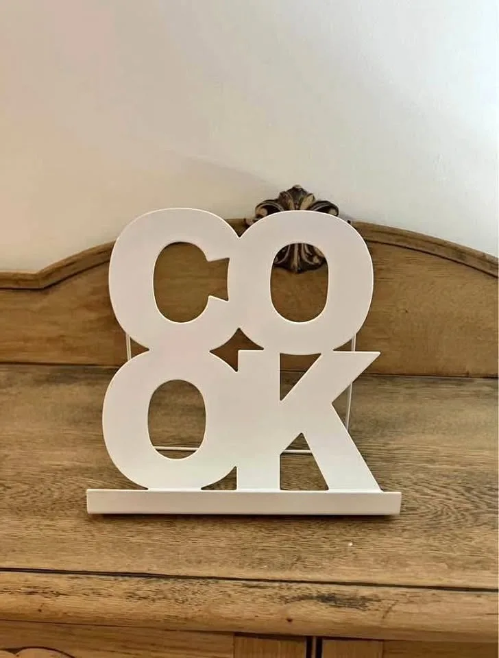 Cook Book Stand Holder Recipe Metal Cutout WHITE Letters Word