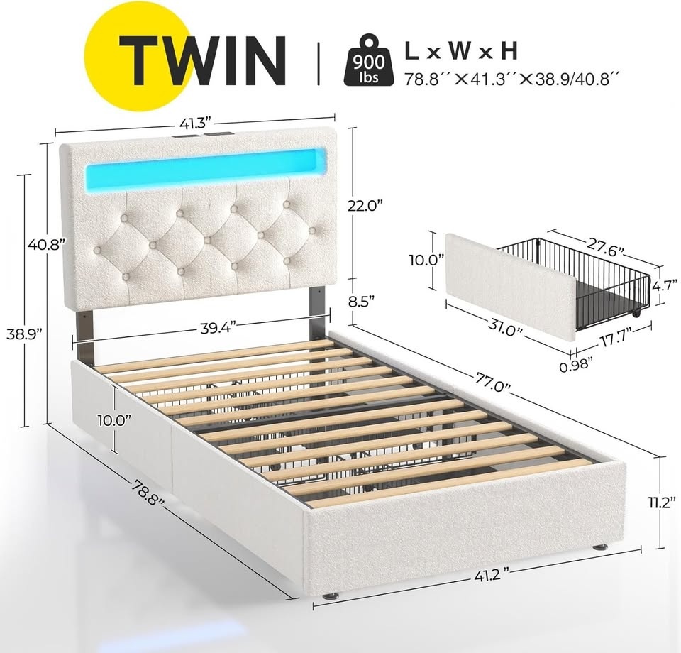 Rolanstar Twin Bed Frame with Storage & Charging Station - photo 2