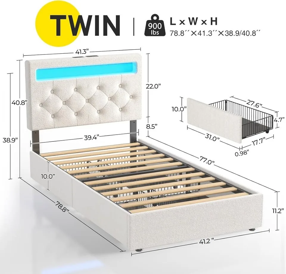 Rolanstar Twin Bed Frame with Storage & Charging Station image indicator(2)