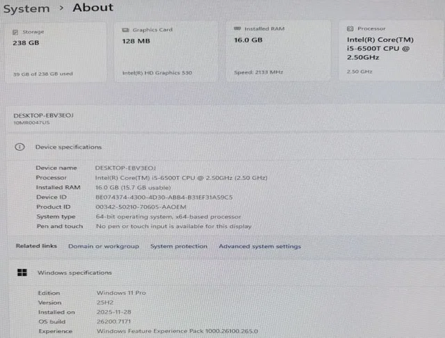 Lenovo M710q Micro PC - i5-6500T 16GB Ram 256GB SSD WiFi image indicator(3)