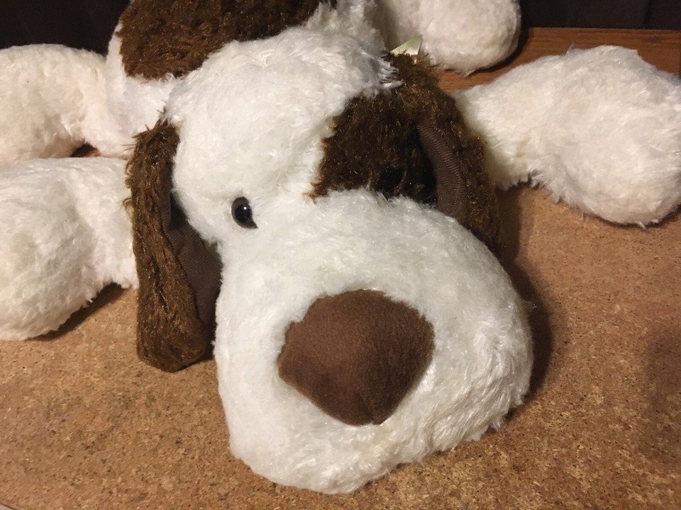 LARGE PLUSH PUPPY DOG 24" WHITE BROWN W/ BOW - photo 2
