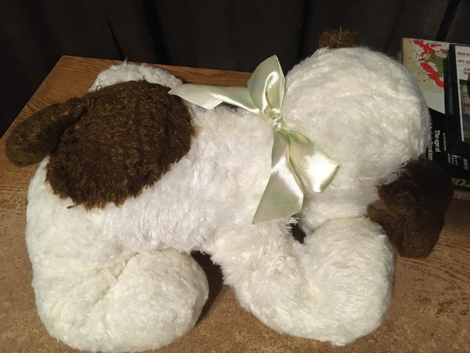 LARGE PLUSH PUPPY DOG 24" WHITE BROWN W/ BOW - photo 5