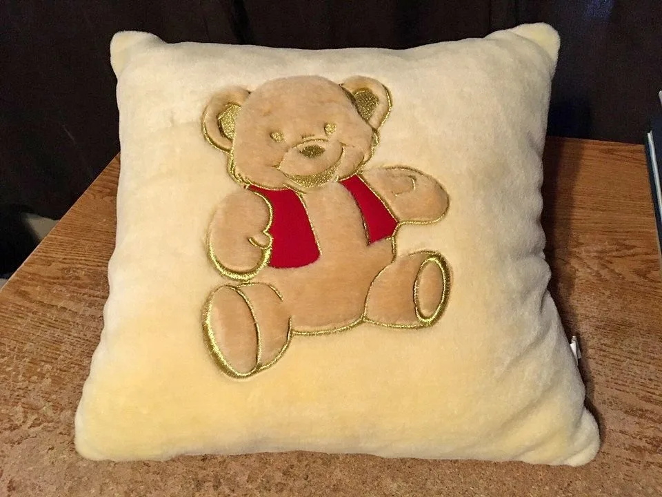 BROWN TEDDY BEAR IN RED VEST WITH GOLD TRIM THROW PILLOW BEIGE 1
