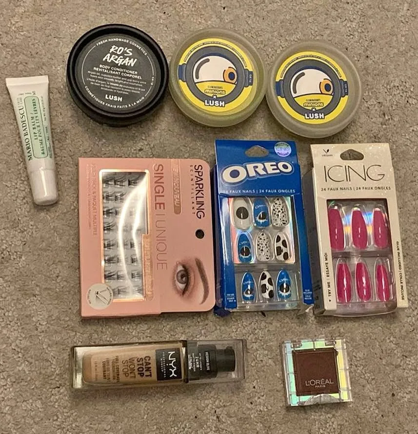 Balm, face masks, artificial nails, eye shadow, foundation