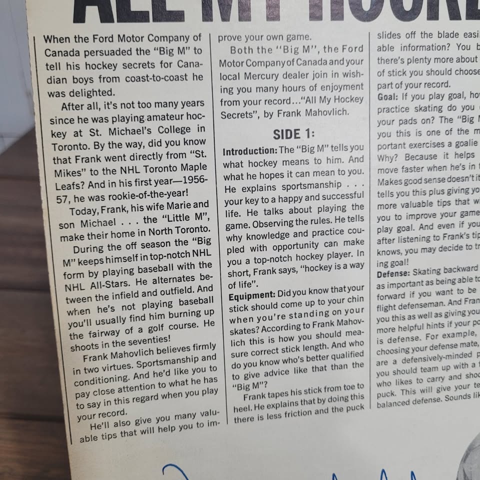 Frank Mahovlich "All My Hockey Secrets" Record LP - photo 5