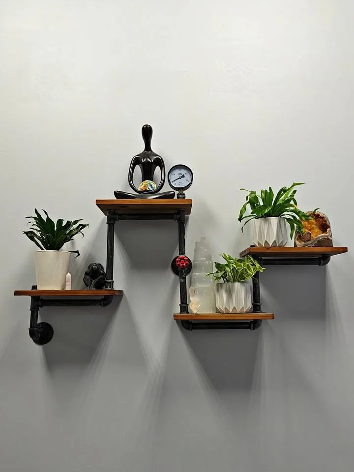Industrial Pipe + Wood Wall Shelf — 4-Tier