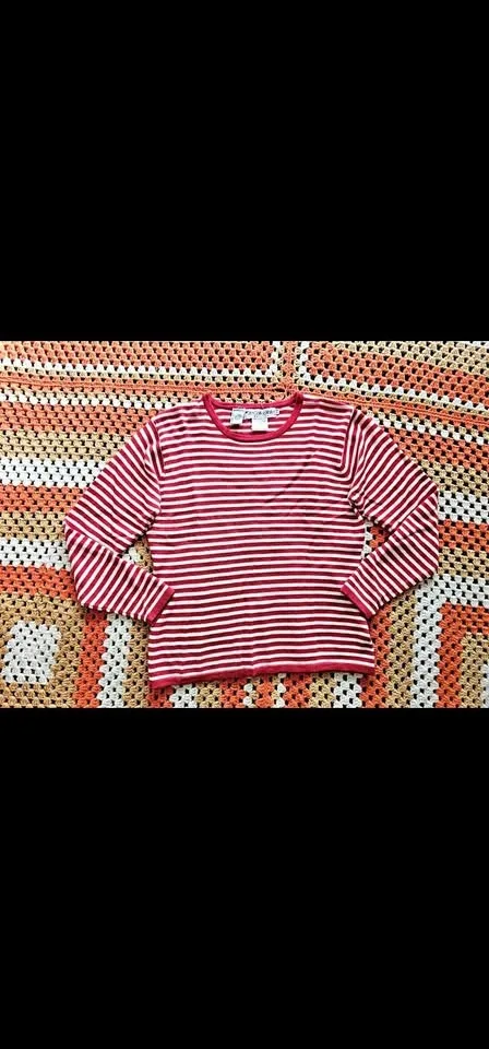 Vintage Merino Wool Striped Red Off-white Sweater Petite