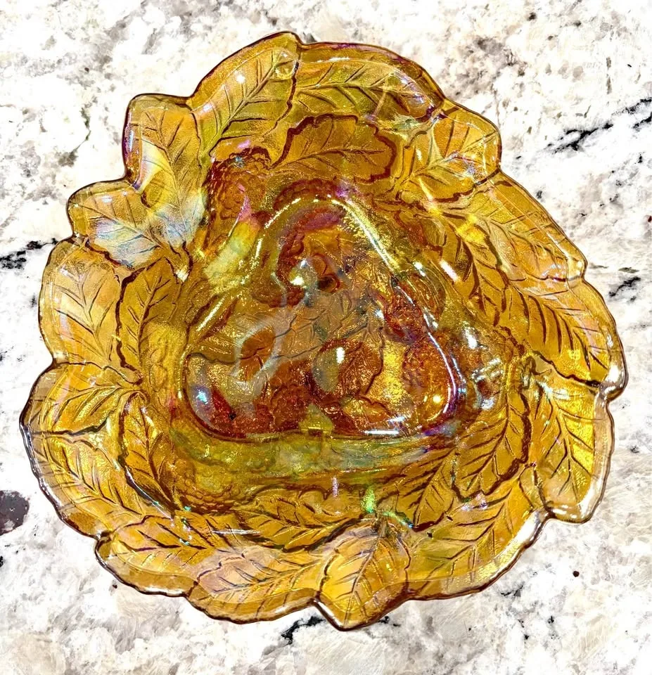 Amber Carnival Glass Grape and Leaf Bowl