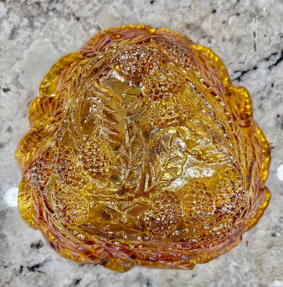 Amber Carnival Glass Grape and Leaf Bowl image indicator(2)