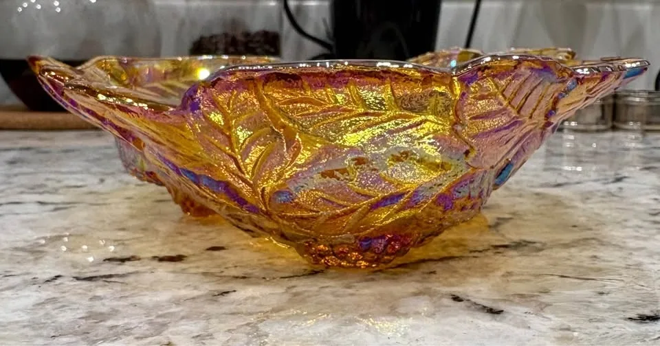 Amber Carnival Glass Grape and Leaf Bowl image indicator(3)