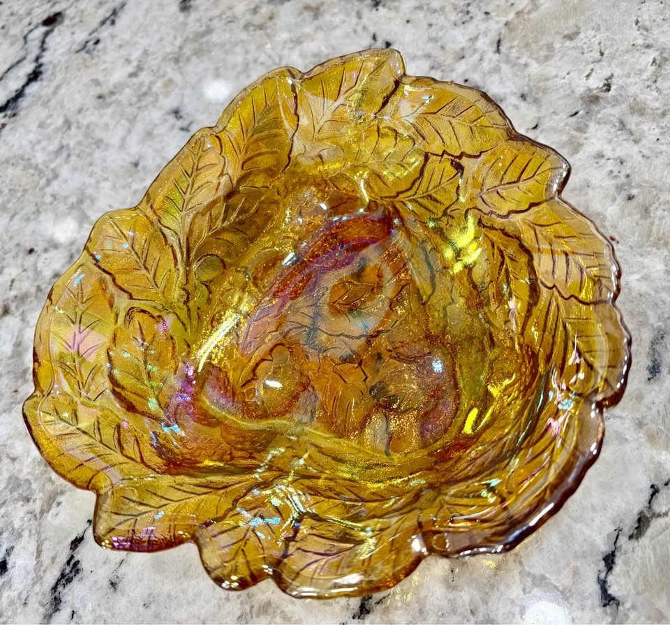 Amber Carnival Glass Grape and Leaf Bowl - photo 4