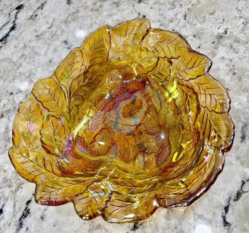 Amber Carnival Glass Grape and Leaf Bowl image indicator(4)