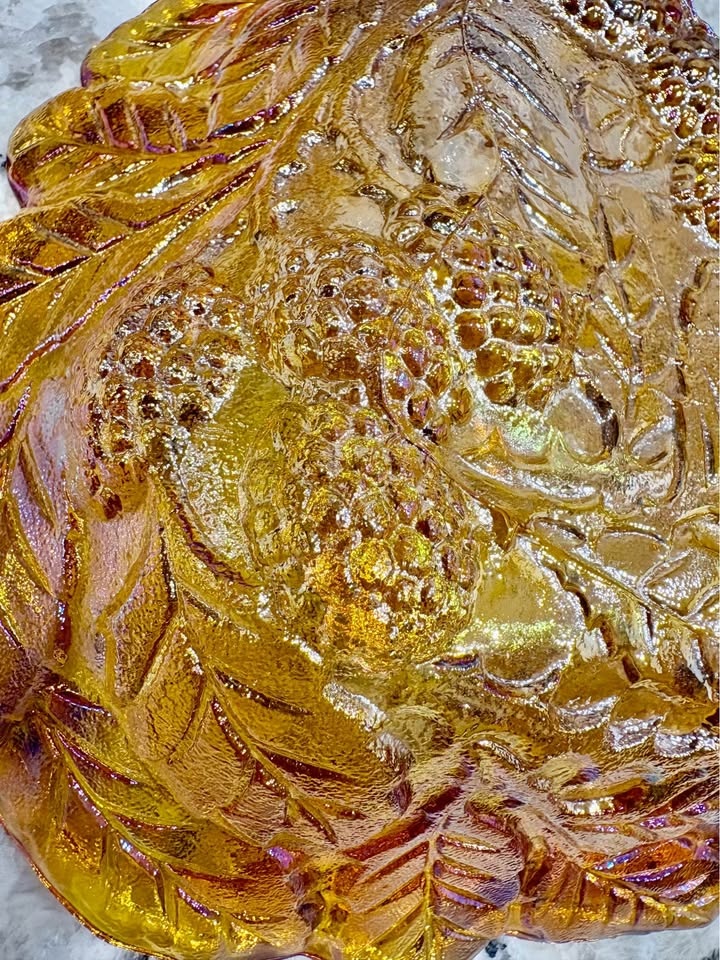 Amber Carnival Glass Grape and Leaf Bowl - photo 5