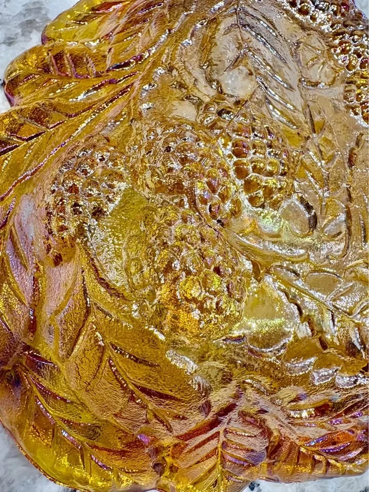 Amber Carnival Glass Grape and Leaf Bowl image indicator(5)